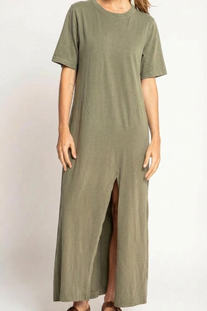 Vestido Maxi Tajo Algodon Lavado Oliva