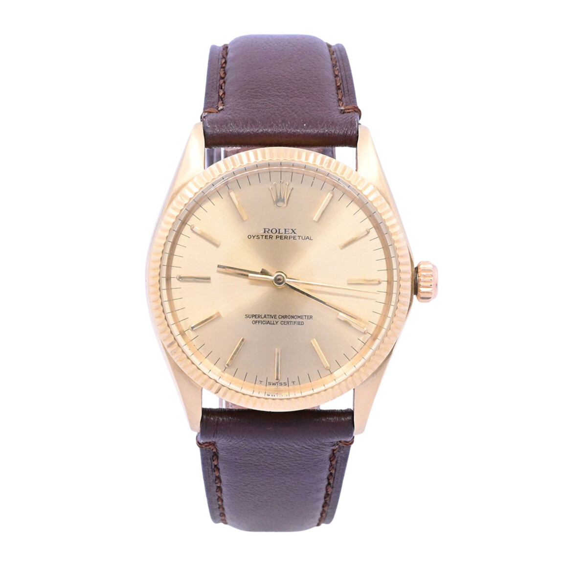 Rolex Oyster Perpetual 1005 oro 18k amarillo, 34 mm año 1965 brazalete de cuero marrón. 