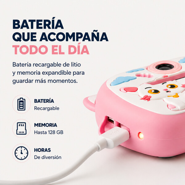 Cámara Gatito Infantil Instantánea 48MP Con Juegos Y Música Color Rosa