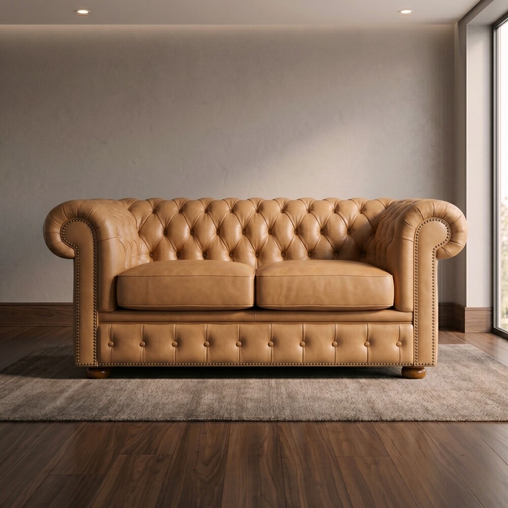 Sillón 100% Cuero - 2 Cuerpos - Chesterfield Camel