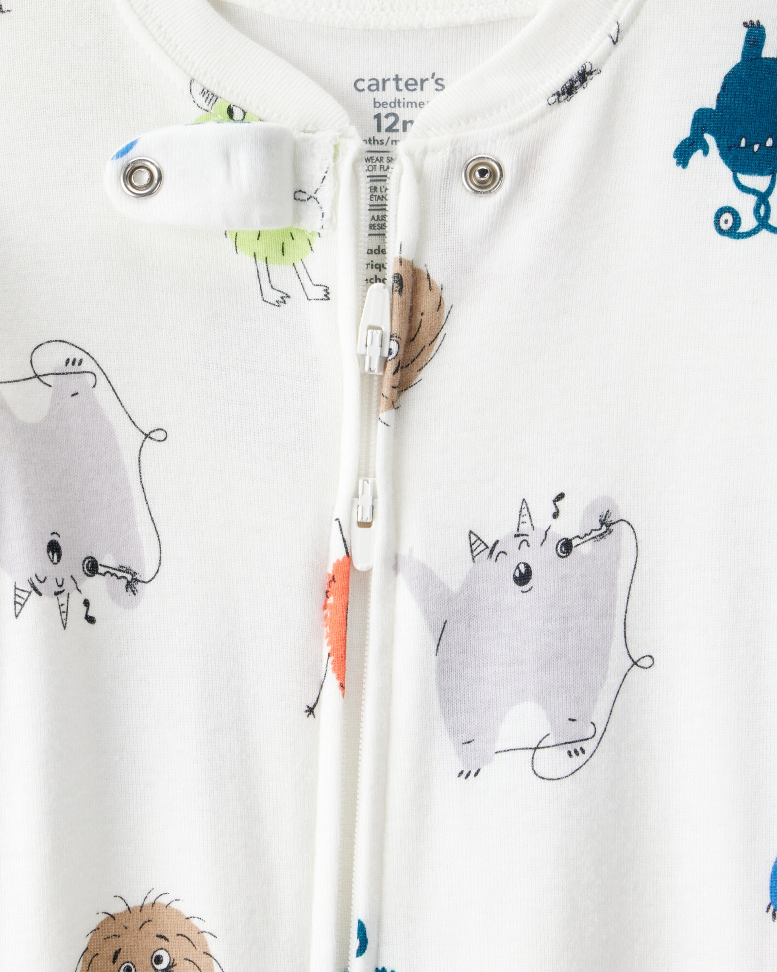 Pijama una pieza de algodón, con pie, blanco, diseño monstruos Sin color