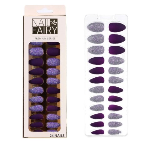 Set De Uñas Postizas Lisa Punta Ballerina Brillos Morado