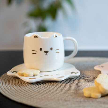 Taza Y Plato De Cerámica Gatito Blanco