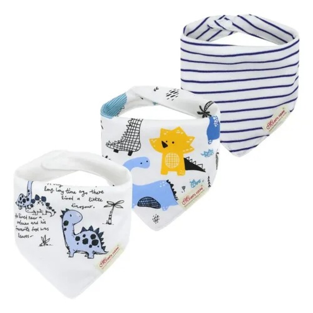 Set baberos bandana x3 dinos celeste pastel texto