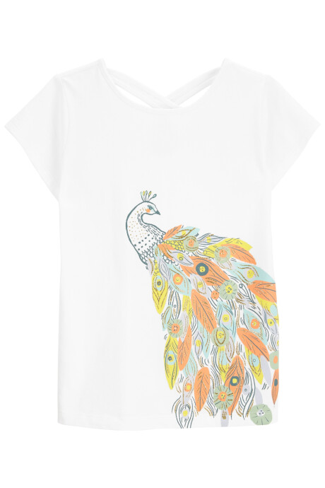 Remera de algodón, espalda cruzada, estampa pavo real. Talles 6-8 Sin color