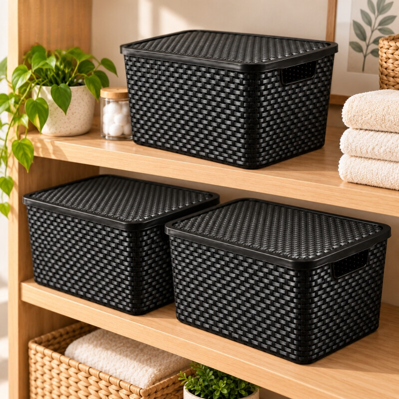 Set x3 caja simil ratán 7 lts NEGRO