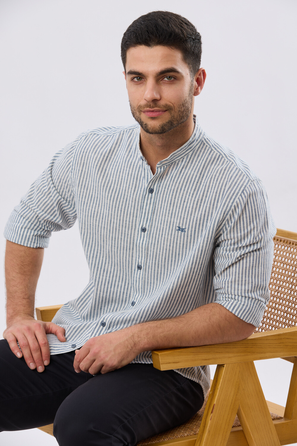 CAMISA RAYADA DE LINO CUELLO MAO Denim