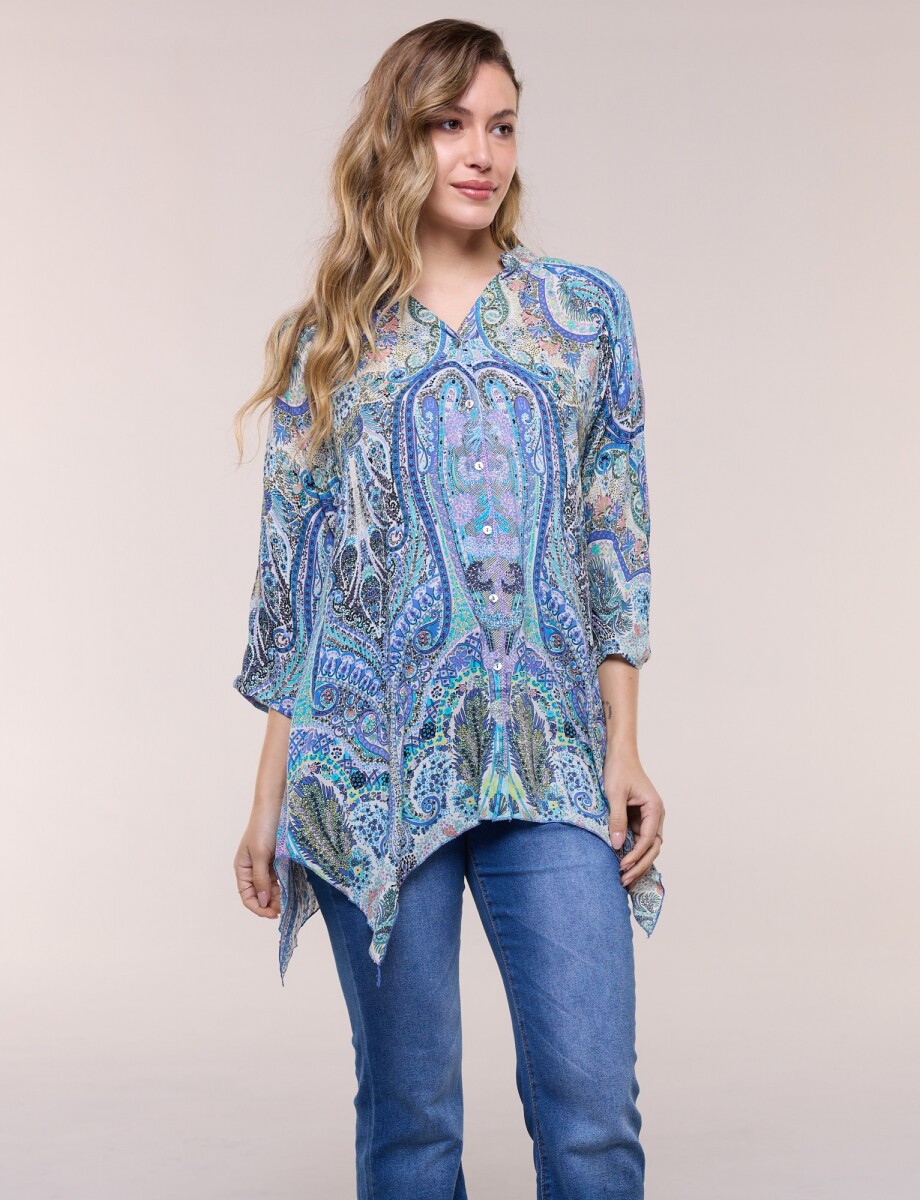 Blusa Holgada Manga 3/4 Roll-up - Multi/azul 