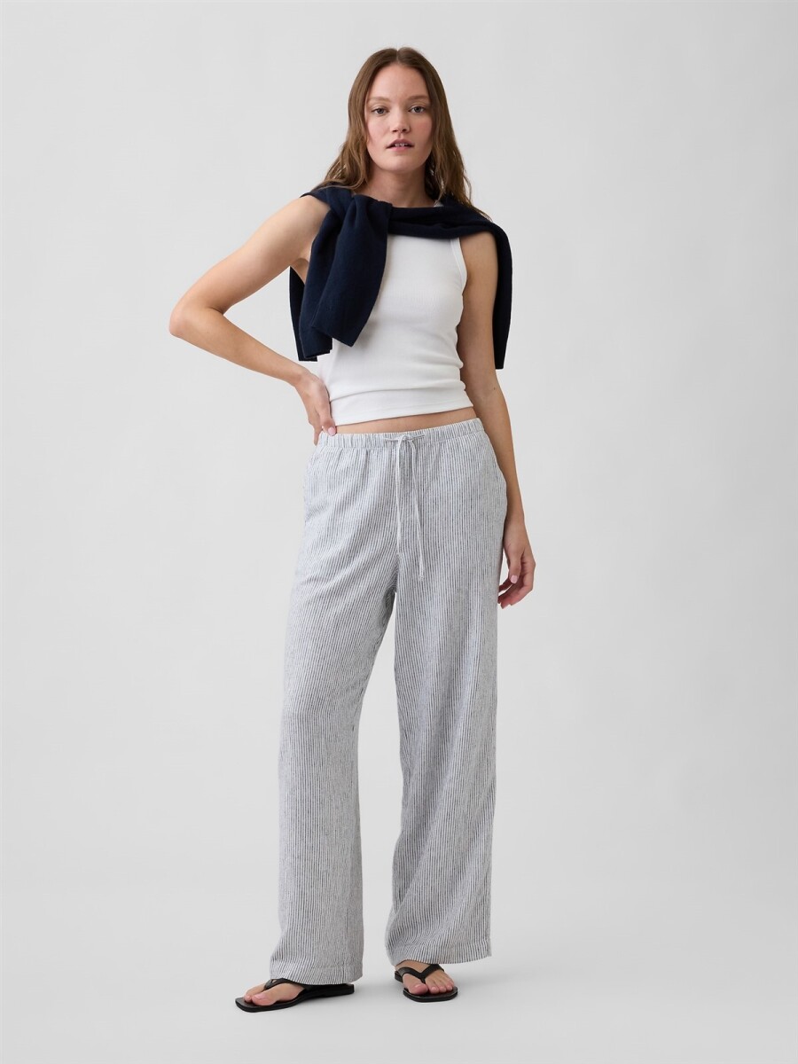 Pantalón De Lino Wide Mujer - Navy Ivory Stripe 