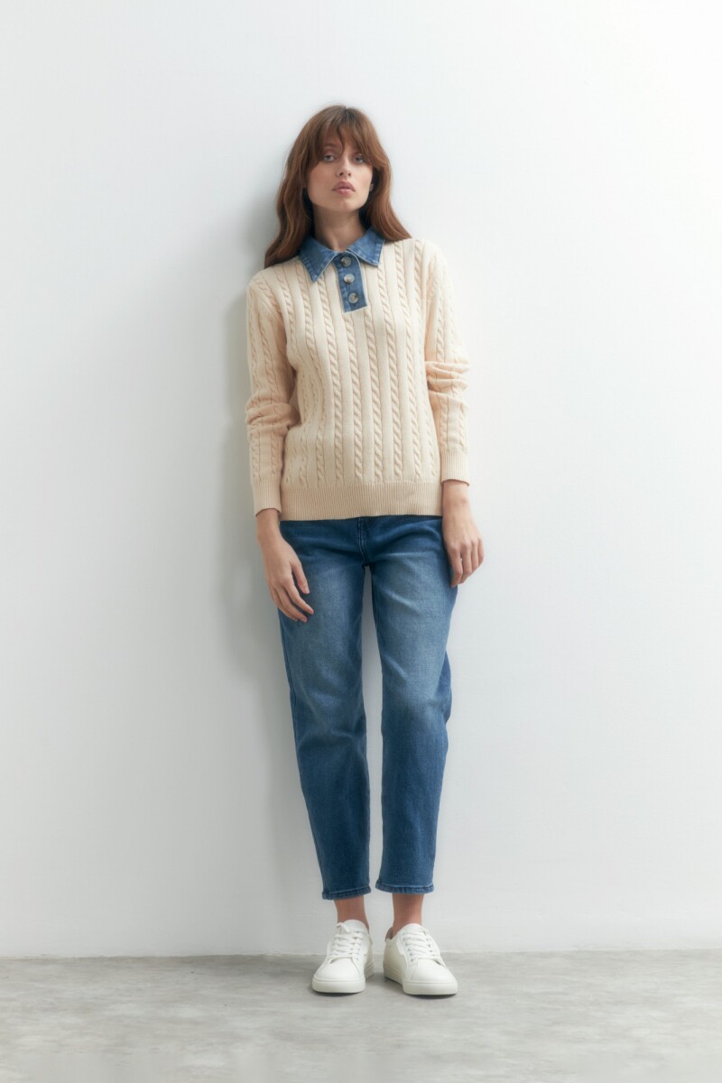 Sweater cuello polo en jean beige