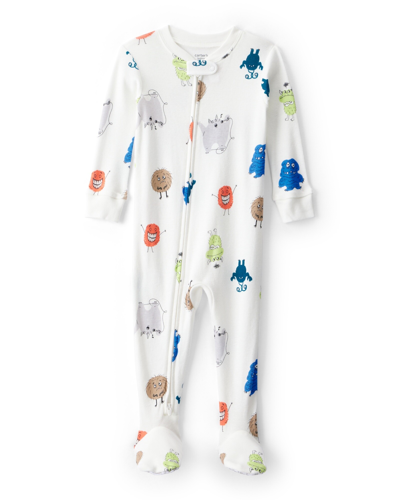 Pijama una pieza de algodón, con pie, blanco, diseño monstruos Sin color