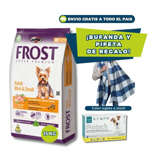 FROST PERROS ADULTOS RAZAS PEQUEÑAS 15 KG + PIPETA PROTECH DE 5 A 10 KG + BUFANDA DE REGALO