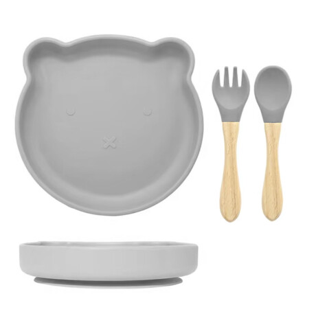 Set Comida Bebé Silicona Plato y Bowl Oso + Cuchara Tenedor Azul Grisáceo