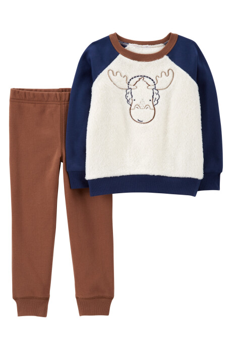 Set dos piezas pantalón de algodón con felpa y buzo de plush estampa alce Sin color