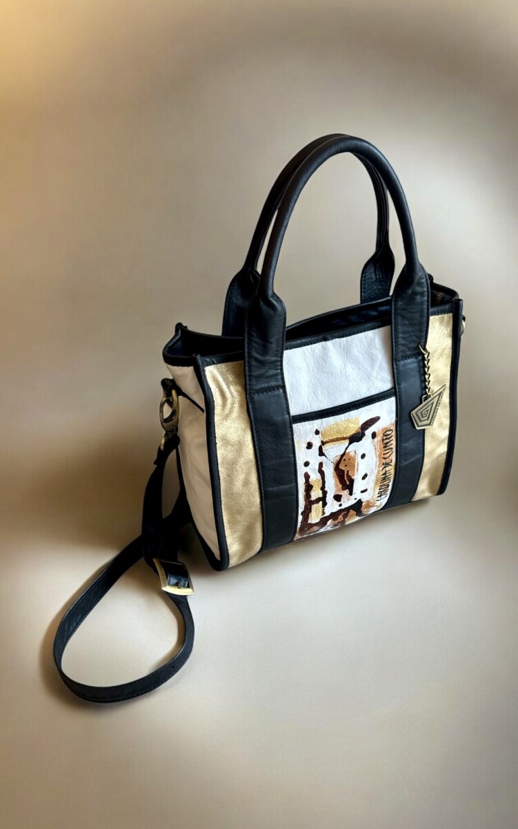 Cartera Tali De Cuero Blanca Y Negra Con Dorado Y Arte Pintado A Mano 
