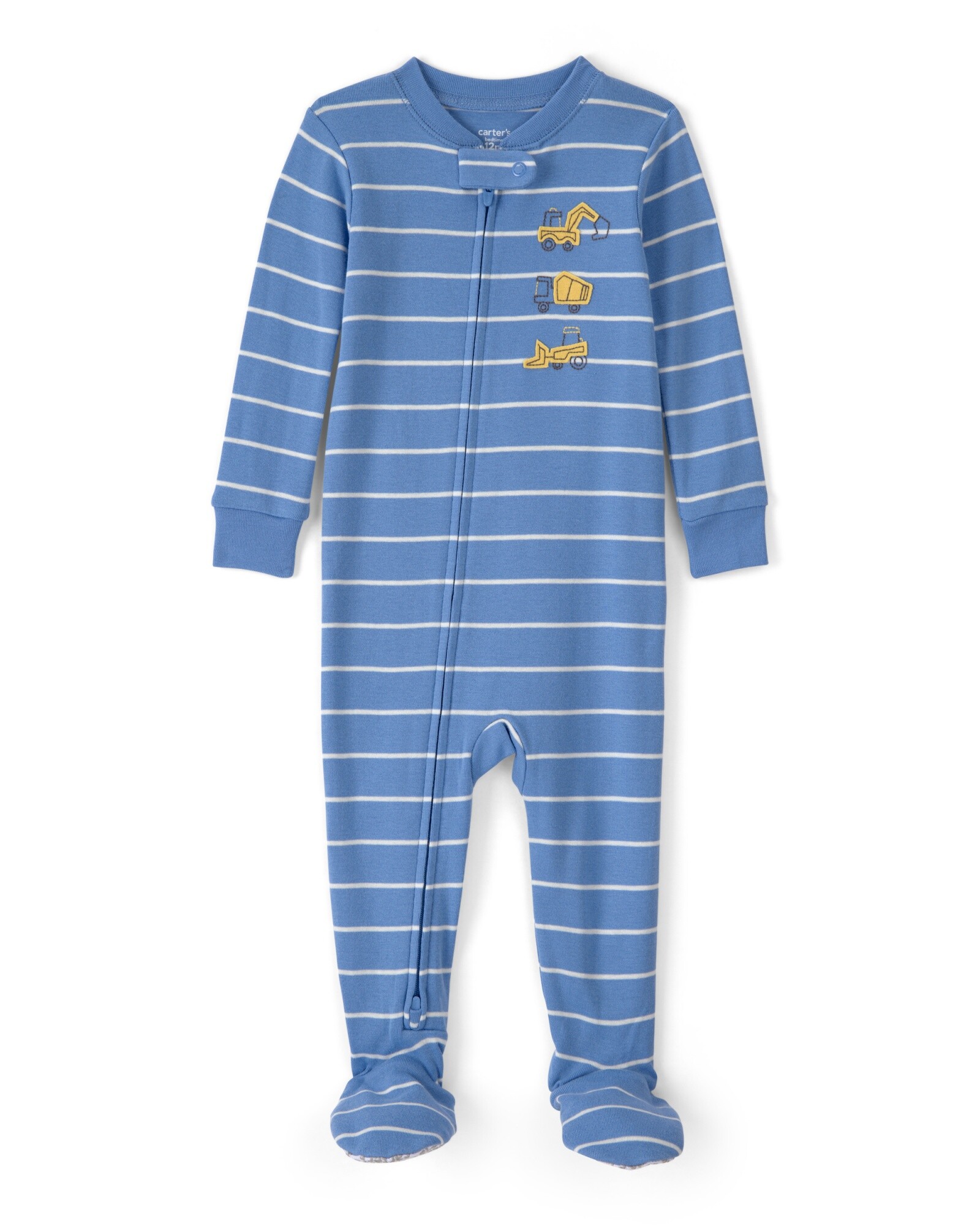 Pijama enterito de algodón con pie, azul, estampa camiones de construcción. Talles 2-5T Sin color