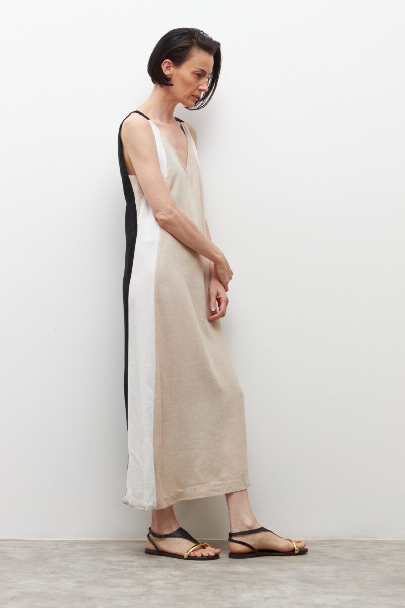 Vestido de lino escote V color block negro