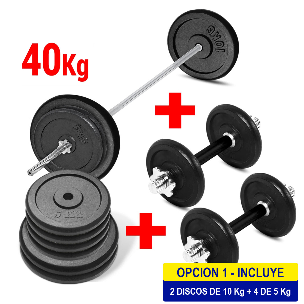 Set 2 Mancuernas + Barra 1.5m + 40k Hierro Compacto - 2 de 10kg 4 de 5kg 