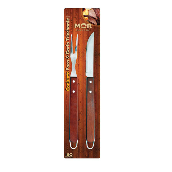 KIT ASADO 2 PIEZAS MADERA CUCHILLO Y TENEDOR 37CMS MARRON