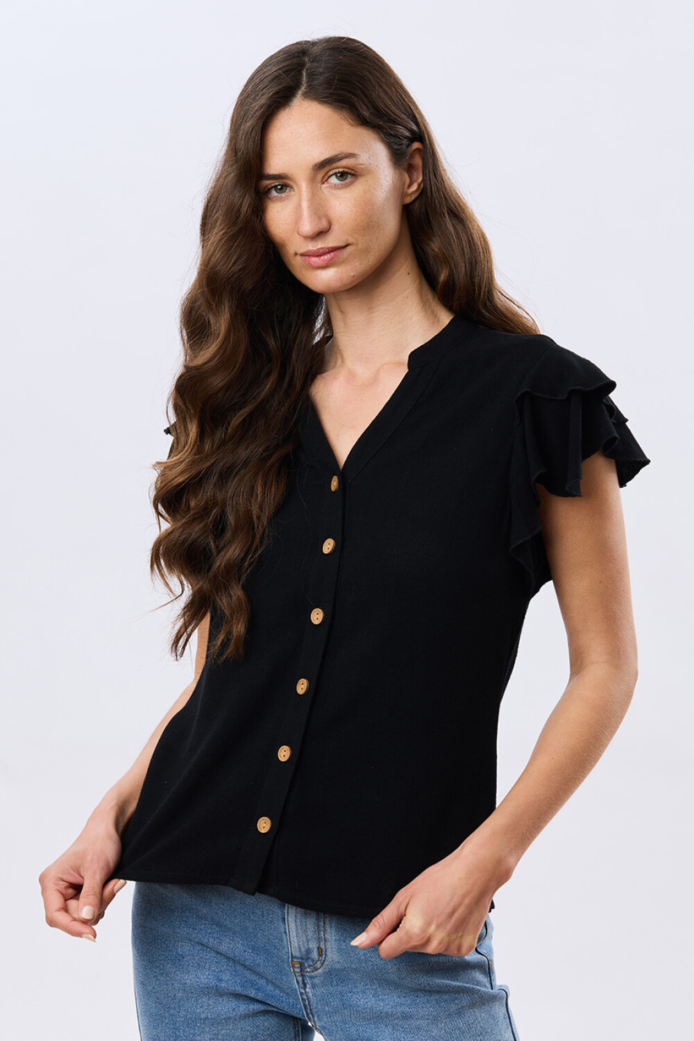 CAMISA DE LINO CON VOLADOS Negro