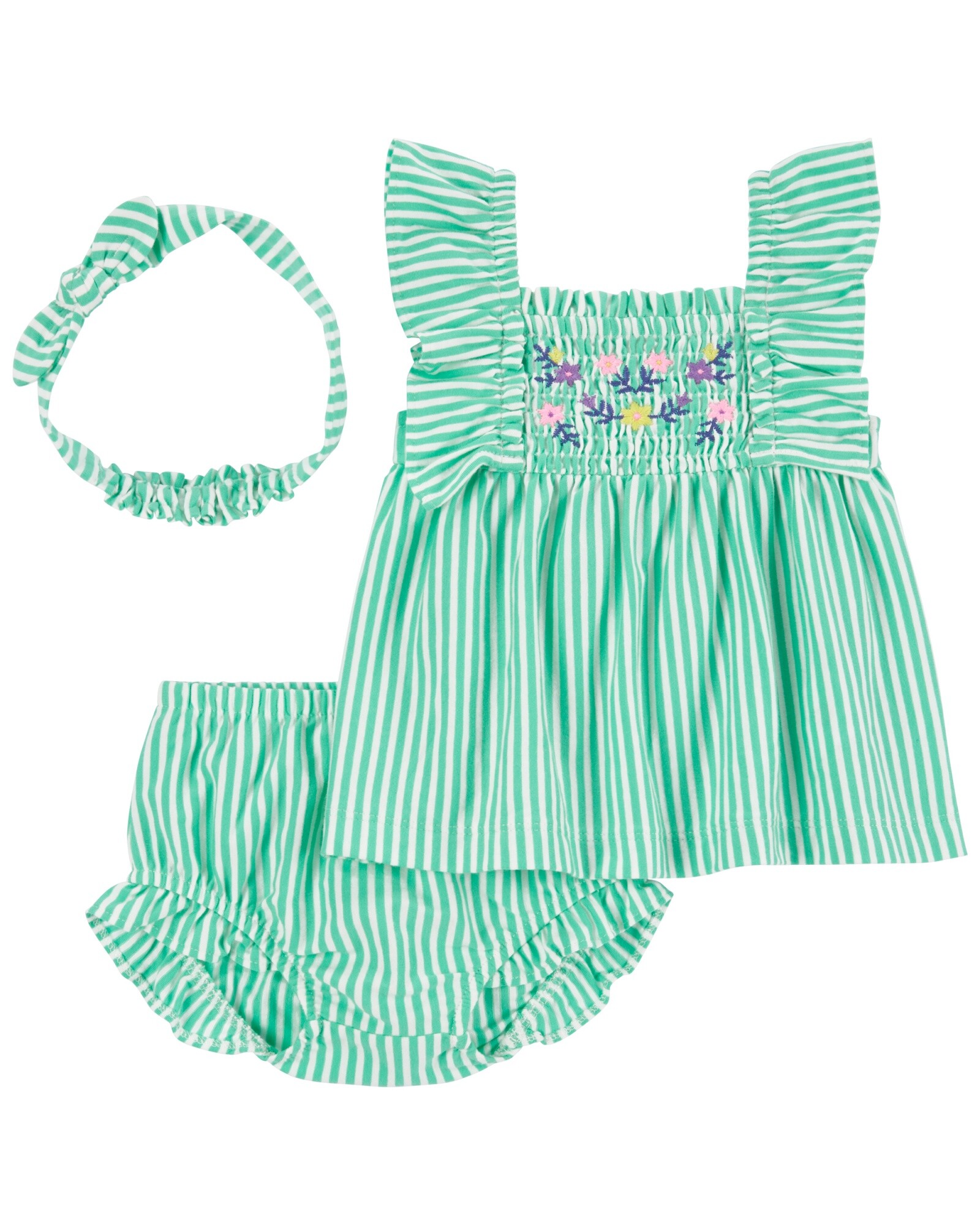 Set tres piezas de algodón, short, musculosa con bordado floral y vincha Sin color
