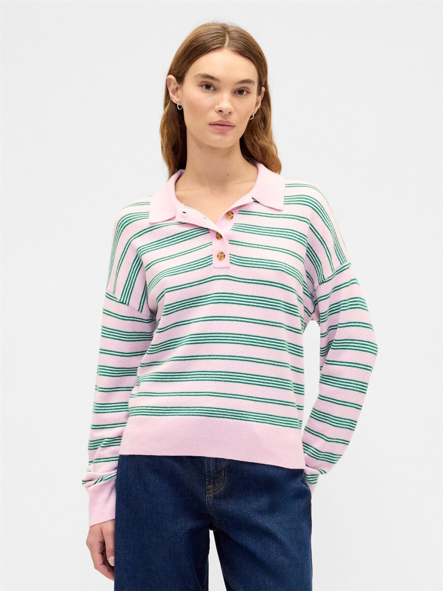 Buzo Cashsoft Tipo Polo Mujer - Pink Green Stripe 