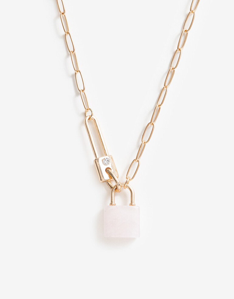 Cadena Corta con Dije Piedra Collar Con Dije Candado Y Llave - Dorado