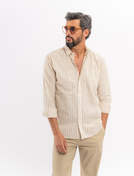 Camisa m/l efecto lino rayada beige