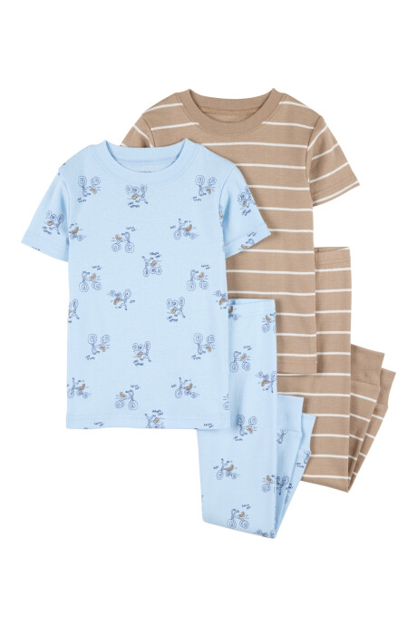 Pijama cuatro piezas de algodón, dos pantalones y dos remeras, diseño triciclos Sin color