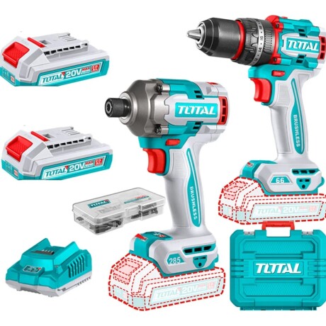 Combo Kit Taladro Percutor y Atornillador de Impacto Brushless Total 20V con 2 Baterías Combo Kit Taladro Percutor y Atornillador de Impacto Brushless Total 20V con 2 Baterías