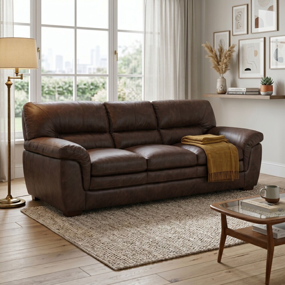 Sillon Livintus 3 Cuerpos Cuero Natural Cafe