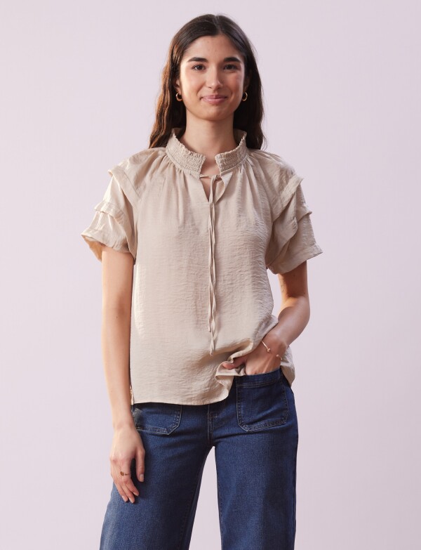 Blusa Cordel Manga Volados BEIGE