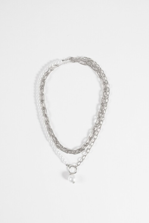 Collar multiple cadenas con perla plateado