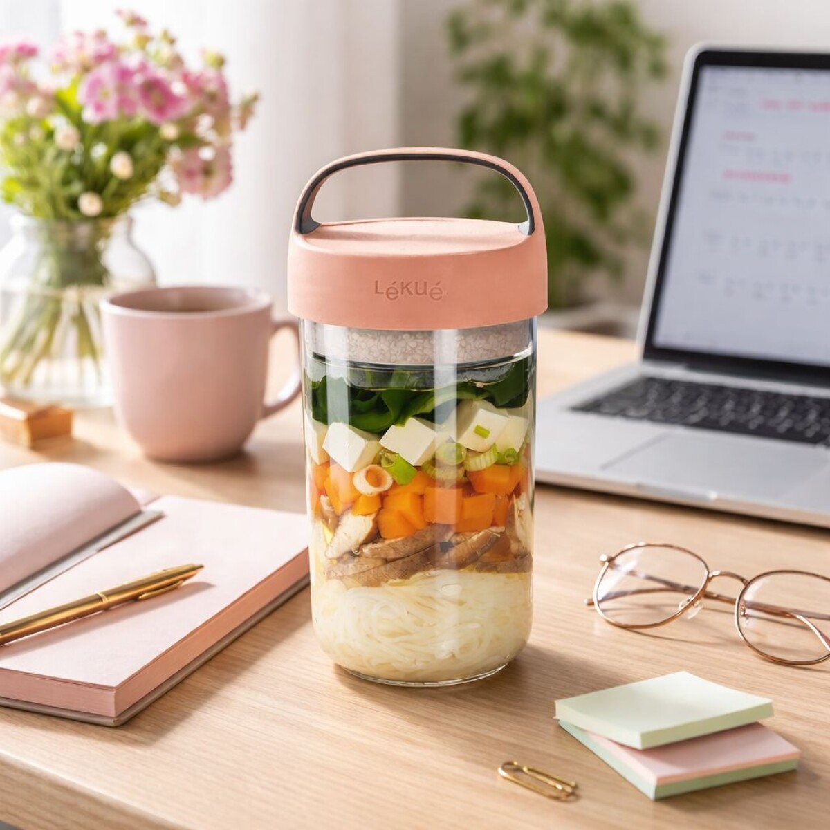 Recipiente Hermético Portátil para Ensaladas y Comidas Lekué - Rosado 