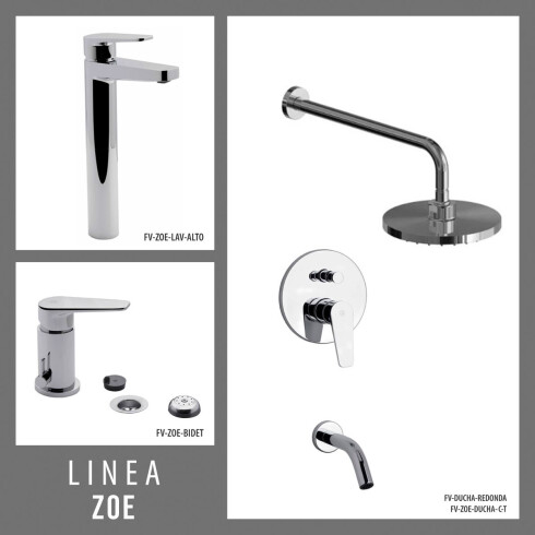 JUEGO COMPLETO CROMADDO LINEA ZOE DUCHA EMBUTIDA CON TRANSF, BRAZO Y ROSETA REDONDA, LAVATORIO ALTO Y BIDET CON TRANSF. 000