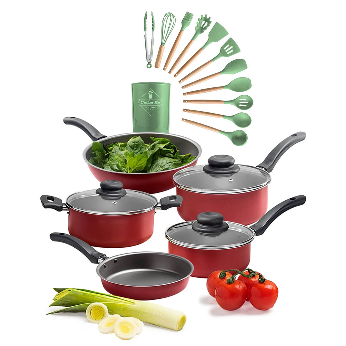 Set Cocina Antiadherente 17P c/Juego Batería Brinox + Menage - Verde Oscuro 