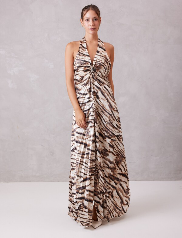 Vestido Largo Halter Plisado Con Broche MULTI/MARRON