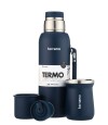 Kit Termo 1Lt Con Base De Silicona + Mate De Acero Tradicional Opaco Azul