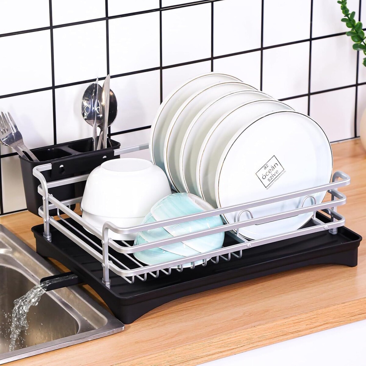 Escurridor de Platos en Aluminio Con Bandeja de Plástico 42cm x 30cm x 13cm 