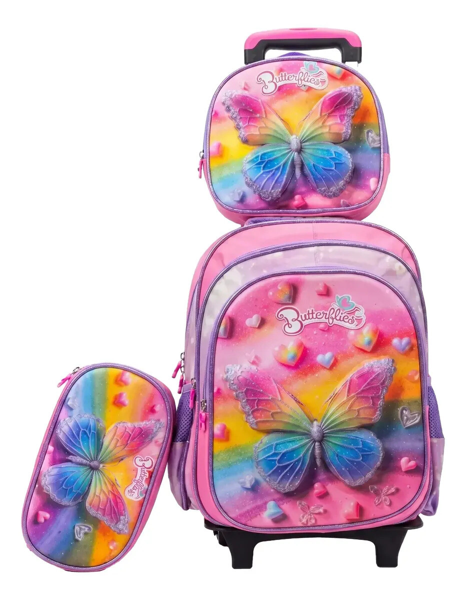 Mochila con carrito, lonchera y cartuchera. - Mariposa 