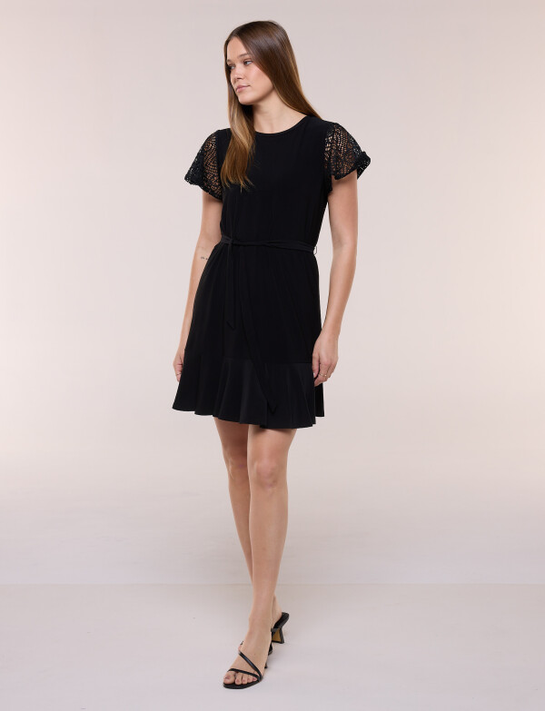 Vestido Corto Con Mangas Broderie NEGRO
