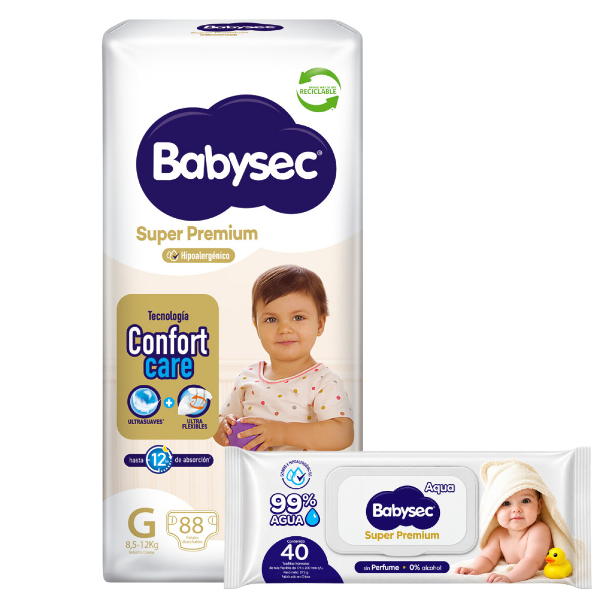 Pack Pañales Babysec Super Premium G 88 Unidades + Toallitas Cuidado Sensible 