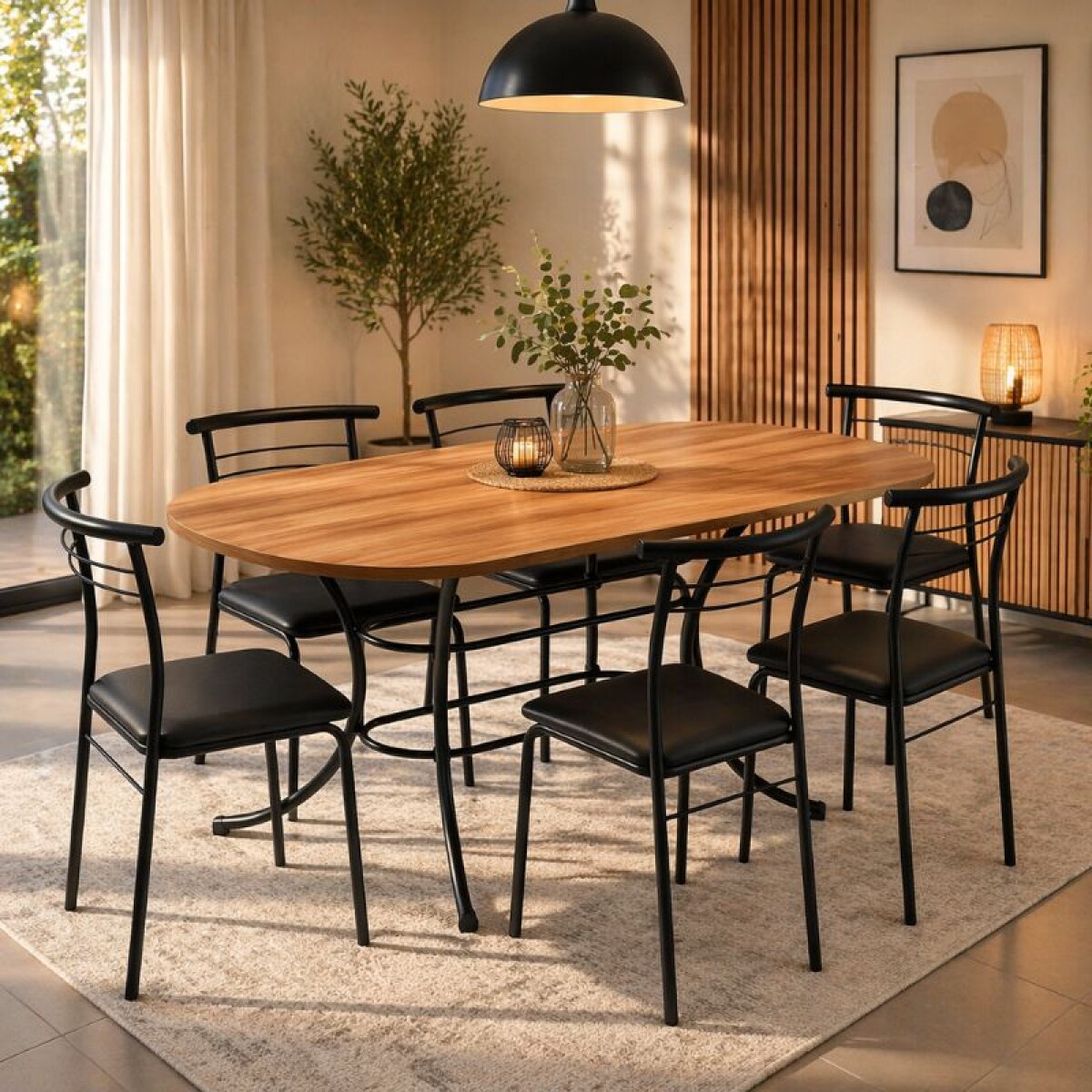 JUEGO DE COMEDOR MESA OVALADA + 6 SILLAS - FREIJO/NEGRO 