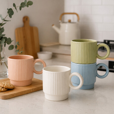 Taza de cerámica facetada con asa circular Coral