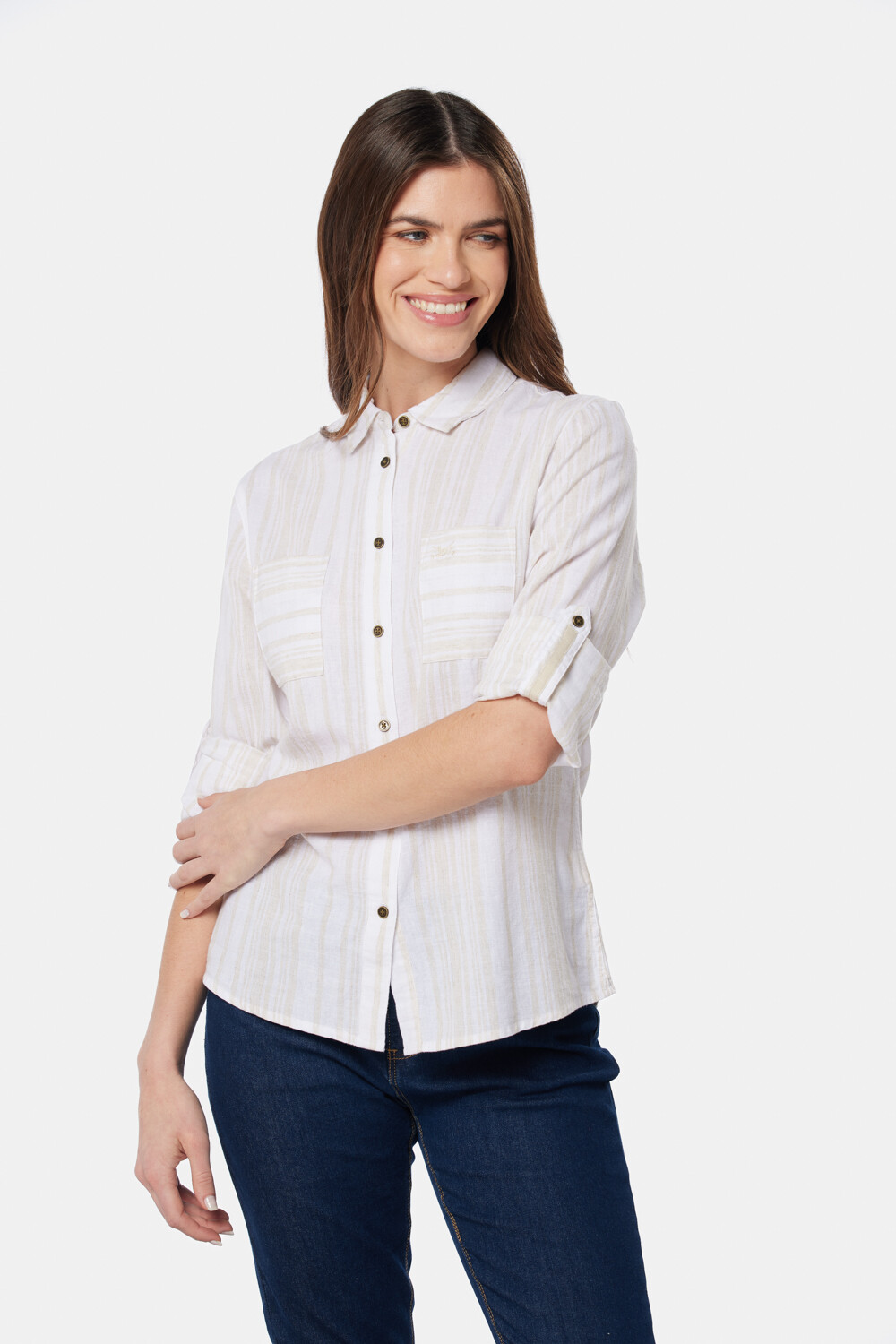 CAMISA DE LINO RAYADA Beige