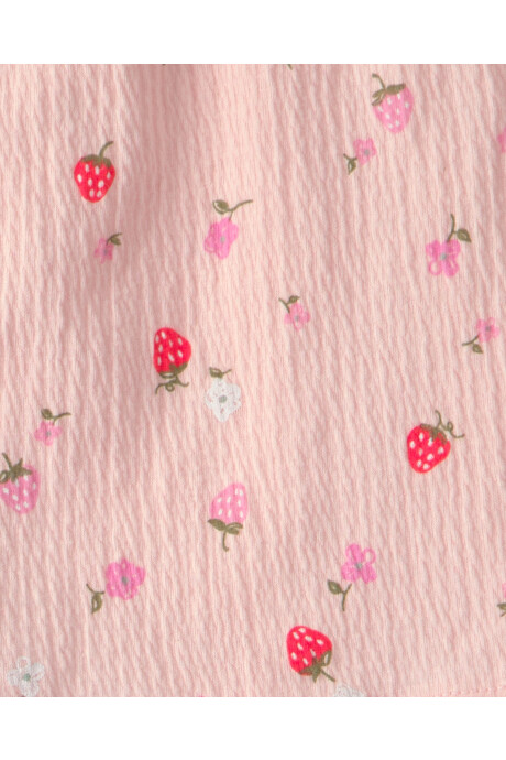 Set dos piezas de jersey arrugado, short pollera y remera, rosado, diseño frutillas. Talles 2-5T Sin color