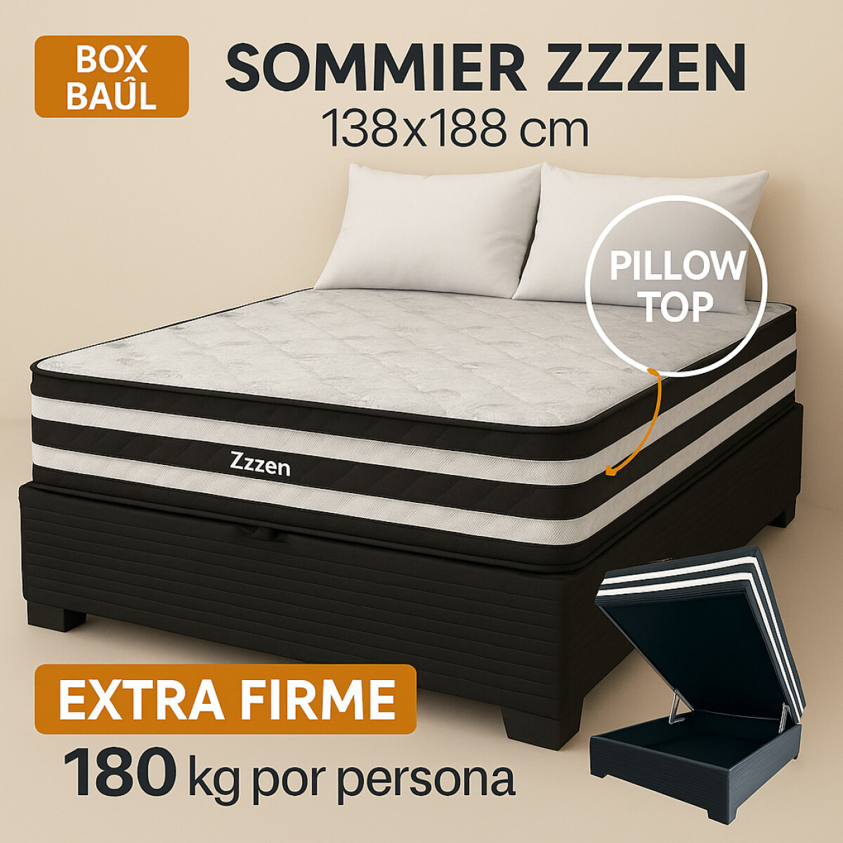 Sommier ZZZEN BOX BAÚL - 2 Plazas - Espuma EPS Y Pillow Top - EXTRA FIRME - 138x188x72 - 180 Kg 