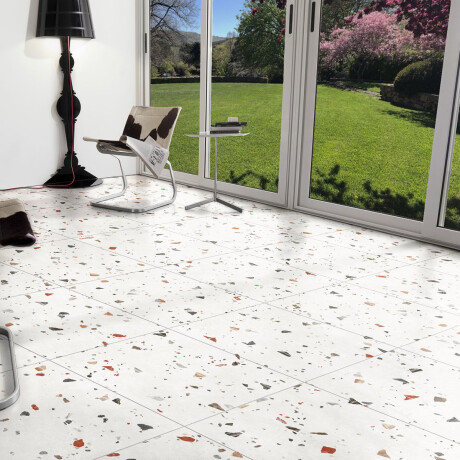 PORCELANATO PARA PISO Y PARED DE 66X66 PORCELANATO BLANCO MATE DISEÑO TERRAZO SERIE SONAR CODICER BLANCO