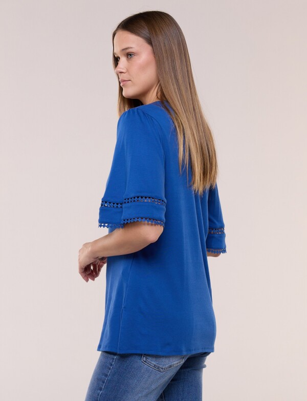 Remera De Algodón Con Detalles De Puntilla AZUL