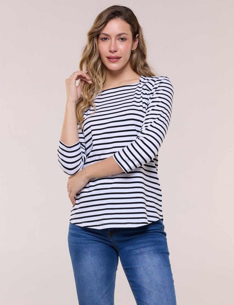 Remera Escote Bote Con Manga 3/4 Raglán - Blanco/negro 